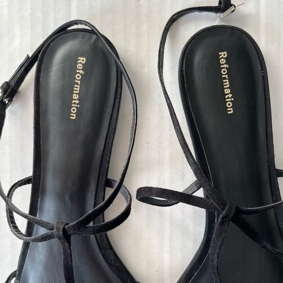 Reformation Maya Strappy Flat Sandals Sz 11 Ankle Strap Bow Detail Black Leather - Picture 11 of 15